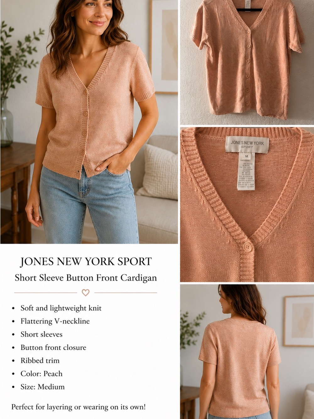 Jones New York Short-Sleeve V-Neck Button Cardigan